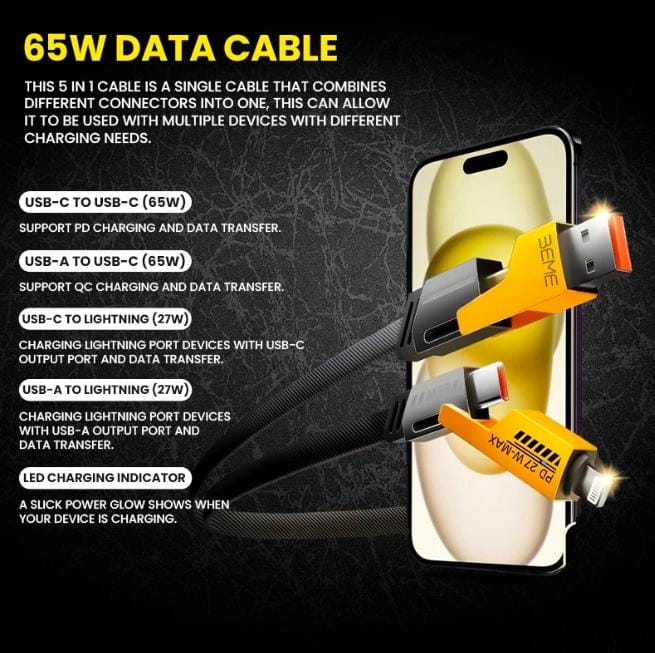 Orignal Transformer 65W Fast Charging Cable 5 in 1